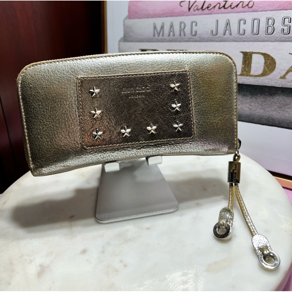 Jimmy Choo Long Wallet Filippa Round Leather Metallic Silver Gold GUC